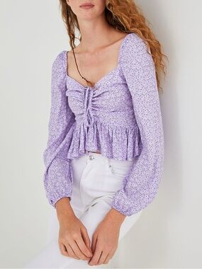 ZARA Purple Floral Long-Sleeve Tie Front Peplum Blouse Top XS
